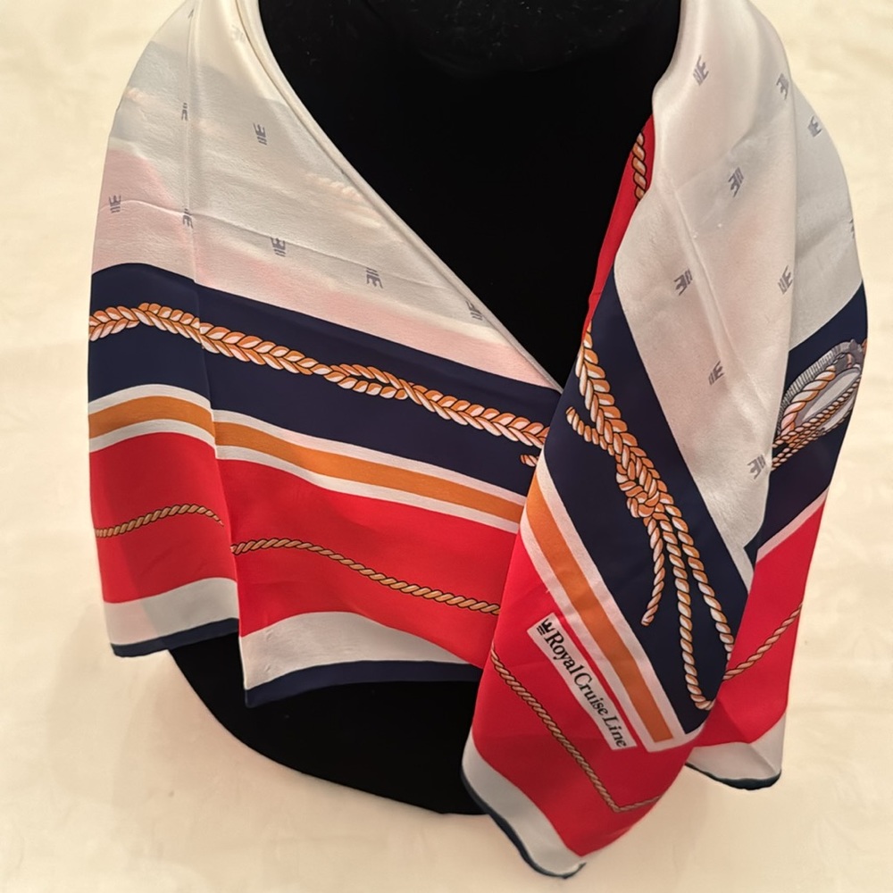 💯% Silk Scarf Royal Cruise line (OLCC-AF) Red White Blue Gold - Picture 2 of 7